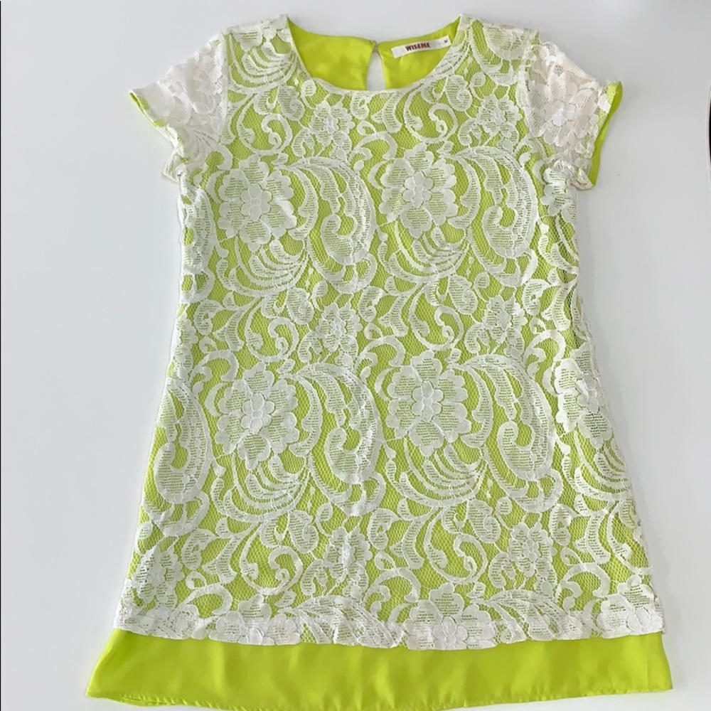White Embroidery and green/yellow Mini Dress.